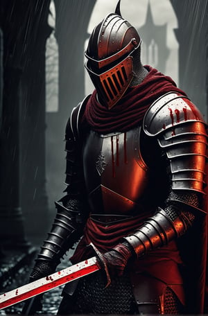 (a person holding a sword),(rain),(blood knight:1.1),(fantasy knight),(evil knight),(gothic knight),(dark souls art style),(fallen knight),(knight armored in red),(best quality,4k,8k,highres,masterpiece:1.2),(ultra-detailed),(realistic,photorealistic,photo-realistic:1.37),(HDR),(UHD),(studio lighting),(vivid colors),(bokeh),(portraits),(landscape),(horror),(anime),(sci-fi),(photography),(concept artists),(dramatic lighting),(ominous atmosphere)