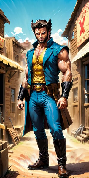 wolverine from the x-men, classic costume, wild west style, walking through a wild west town, 