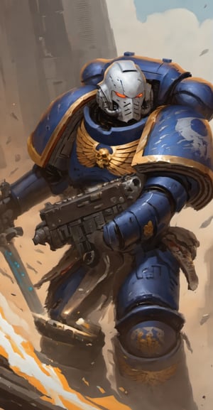 uhd, 8k, high quality, digital illustration, b;izzard art style, a man wearing white knight armor, with a silver helmet, holding bolter, fighting in a city, full body, primaris helmet ,Knight armor