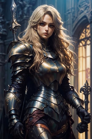 Masterpiece, beautiful details, perfect focus, uniform 8K woman 24 years old, french, paladin, ((((fully covered in form fitting steel platearmor)))), golden decorations, flowing silk armor, leather body suit under armor, blonde hair, ((scarred left eye)), She is holding a spear, (((dark medival fantasy artstyle))), full body, nodf_lora