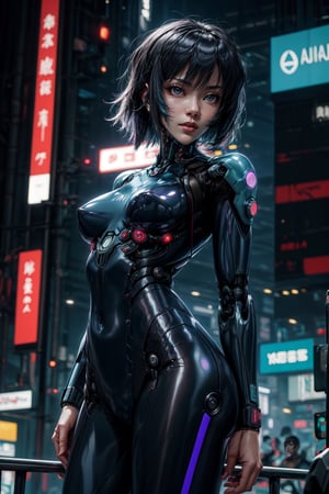 Ghost in the Shell, Motoko Kusanagi, grey blue robotic eyes, skin colored bodysuit, android, cyberpunk, bodybuilder, augmentation,