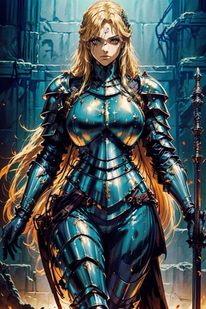 Masterpiece, beautiful details, perfect focus, uniform 8K woman 24 years old, french, paladin, ((((fully covered in form fitting steel platearmor)))), golden decorations, flowing silk armor, leather body suit under armor, blonde hair, ((scarred left eye)), She is holding a spear, (((dark medival fantasy artstyle))), full body, nodf_lora