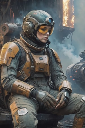 graphic novel illustration, dystopian, apocalyptic, v 5.2, style rav, ar 16:9,  spacepunk style a tired beautiful spacepunk soldier in a worn fight suit sits and rests after a difficult flight , , beautiful girl, , cinematic, 4k, epic Steven Spielberg movie still, sharp focus, emitting diodes, smoke, artillery, sparks, racks, system unit, motherboard, by pascal blanche rutkowski repin artstation hyperrealism painting concept art of detailed character design matte painting, 4 k resolution blade runner