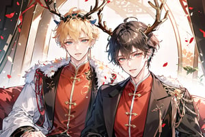 ((2 boys with antlers)),  (twenty years old), dressed in golden and black color ancient Chinese portrait, pastelbg, tiara, ear_rings, mole under eye, best quality, highly detailed, masterpiece, looking_at_viewer, Medium shot, 