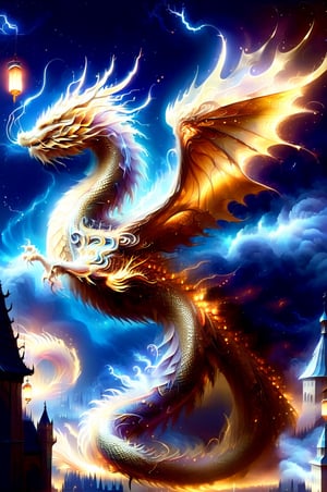massive dragon at least 500 ft tall. standing on hind legs with wings of fire spread out wide. doen at his feet is a medieval town. night. magical mist with magical lightning swirls all around the dragons body. ultra realistic, centered. golden composition. extremely detailed, ,DragonConfetti2024_XL