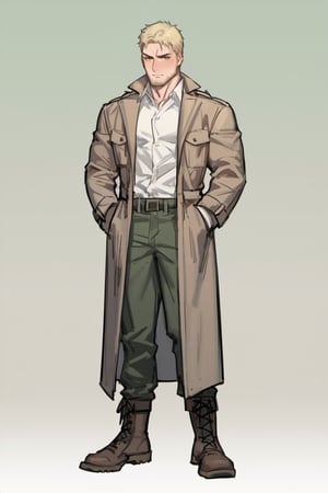 score_9, score_8_up, score_7_up, solo male, Reiner Braun, blond hair, short hair, stubble, facial hair, hazel eyes, thin eyebrows, facial hair, stubble, (light-brown-trench-coat, long-coat), (open-trench-coat, unbutton-trench-coat:1.3), white collared shirt, dark-green-pants, combat boots, handsome, charming, alluring, (full body:1.3), perfect anatomy, perfect proportions, best quality, masterpiece, high_resolution, cowboy shot, (forest background)