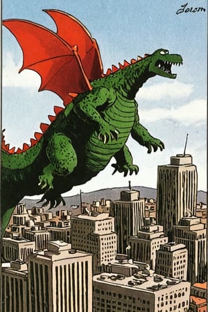 a color far side comic strip illustration of Godzilla flying over a city, by Gary Larson