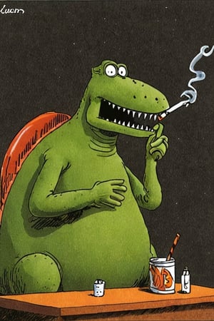 a color far side comic strip illustration of  a solo dinosaur having a cigarette, by Gary Larson