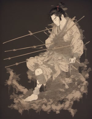 japanese line art    , a samurai( tied up  to a wooden steak with several arrows stuck in him,:1.2) lower body missing visible skeletal structure , ripped rags, rope and bloody ground, black skies and large moon , floral damask background ,  in the style of  takato yamamoto    , 