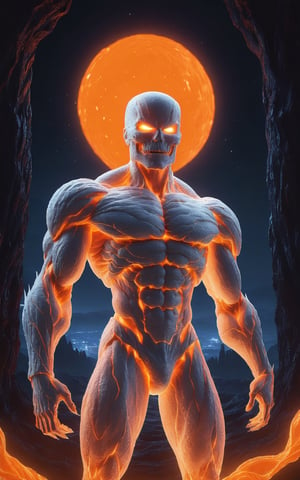 a [orange and white] glow [monster] silhouette sketch in a nightscape, in the style of tenebrism mastery, bold outline,  unreal engine 5, double lines, energy-charged, luminous pointillism, made of wiree
