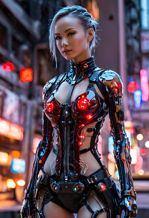 The cyberpunk-style figures with mechanized body parts stand out.Her translucent skin reveals intricate circuitry and glowing cables.Her eyes are set in sleek metal frames. Shining with the bright light of colorful LEDs. The limbs are a fusion of flesh and advanced technology. Complex prosthetic limbs and cybernetic interfaces seamlessly integrated. This figure in a tattered red leather jacket, t contrasts sharply with the decaying urban backdrop of dystopian skyscrapers and neon lights. This image is It encapsulates the thrilling marriage of man and machine in a gritty, high-tech world.photographed captured with a Canon EOS R5,1/250s,f/2.2,ISO 800,the image boasts subtle texture details and nuanced,natural skin tones that convey emotional depth,perfect eyes