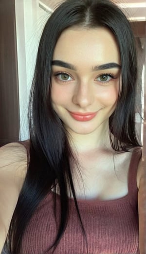 young woman with a perfect face, russian woman, smiles for realistic photography, woman poses for a photograph, selfie, full body selfie, black hairs, black eyebrows , looking at the viewer with straight face,dasha_taran