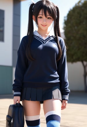 1girl, teen , huge tit , hazel eyes, clear black hair, very long hair , side ponytail, streaked hair , hair over one eye, hair flaps , embarrassed nose blush smile, blush , head_tilt standing , toward the buttocks, serafuku , navy  long sleeve, sweater , high socks, school bag, extremely quality extremely detailed, contrapposto, Faint lips,realistic glow shine like opal deep-silky-healthy-lackwarm-foundational-soft-skin, photo realistic ray trace depth of field, cinematic lighting cinematic angle,
nose blush,more detail XL