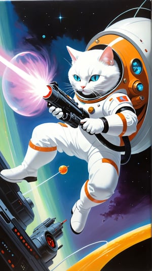 Oil Painting full size of a white cat in a space suit fighing off aliens with a lazer blaster, sci-fi, outer_space, aliens