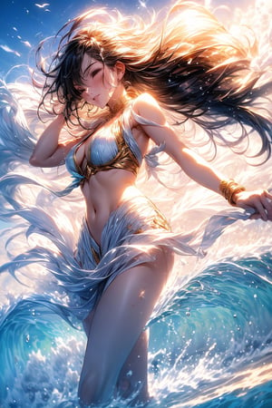 A female protagonist wielding elemental powers, surrounded by swirling winds, raging fire, and crashing waves, illustrating her mastery over the forces of nature