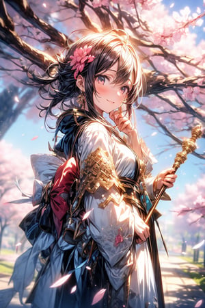 A female anime protagonist surrounded by cherry blossoms, holding a mystical staff, showcasing her magical abilities during a crucial point in her journey.