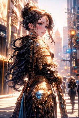 A lone female warrior, clad in futuristic armor, navigating through a post-apocalyptic cityscape, hinting at the challenges she faces on her mid-journey quest.
