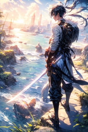 A determined male anime character standing on a cliff, gazing into the distance with a sword strapped to his back,