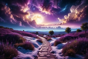 professional photography, abstract purple night sky with clouds background, a path,
