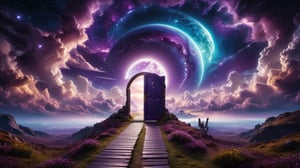professional photography, abstract purple night sky with clouds background, a path to a extraterestrial door to another dimension,
