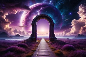 professional photography, abstract purple night sky with clouds background, a path to a extraterestrial door to another dimension,

