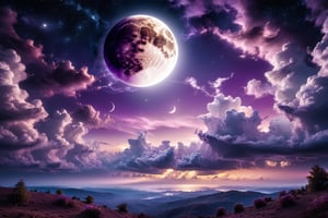professional photography, abstract purple night sky with clouds background, moon,
