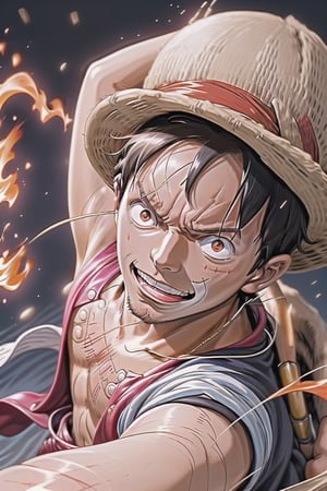 Absolutely, here's a prompt that encapsulates Monkey D. Luffy from One Piece and his signature move, the Red Hawk Punch:

"Describe Monkey D. Luffy, the protagonist of One Piece, a young and adventurous pirate with a personality as vibrant as his trademark straw hat. He possesses an infectious enthusiasm for life, a boundless energy that drives him toward his dream of becoming the Pirate King. His physical appearance is defined by his lean yet muscular build, his wide smile, and a pair of intense, determined eyes that reflect his indomitable spirit.

Highlight Luffy's distinct ability known as 'Haki,' which he channels into his powerful attacks. His Red Hawk Punch is a manifestation of this power—an awe-inspiring technique where he ignites his fist with fiery intensity before delivering a devastating blow. Describe the scene as he winds up for the punch, his arm enveloped in crackling flames, the air around him seemingly igniting with anticipation.

Illustrate the impact of the Red Hawk Punch—a burst of fiery energy erupting upon contact, engulfing his target in a blaze as the force behind the strike is unleashed. Capture the intensity of the moment—the flames roaring as the punch connects, the sheer power leaving spectators in awe.

Delve into the emotions and thoughts that drive Luffy to utilize this technique—his determination, his will to protect his friends, and his unyielding resolve in the face of adversity. Show how this move not only demonstrates his strength but also his unwavering commitment to achieving his goals.",mecha