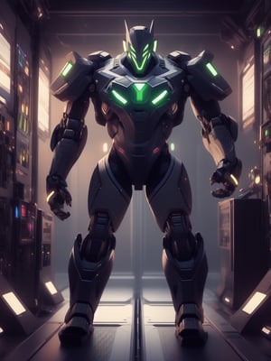 genji robot mix with the joker arrow mechinal details, intricate details, hd deetails, high quality, full body view, sharp details, sharp focus, 128k,visible mecehnical details,1guy,Futuristic room,Mecha body,modelshoot style,handsome male,DonMF41ryW1ng5