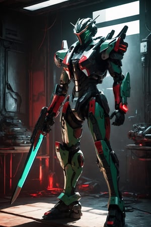 Mecha with sword,gun and with color red black white green motif cyberpunk model,Futuristic room