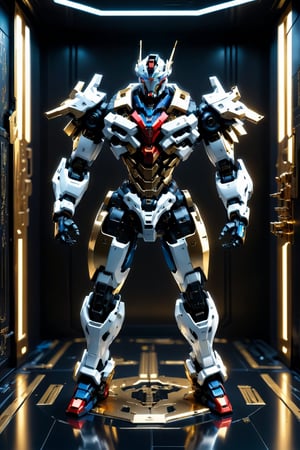 Mecha with sword,gun and with color red gold white blue ligth motif cyberpunk model,Futuristic room,Leonardo Style, ,c1bo