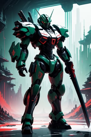 Mecha with sword,gun and with color red black white green motif cyberpunk model,Futuristic room,Leonardo Style, 