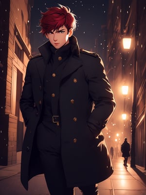 masterpiece, best quality, illustration, 1boys,full body,detailed face,detailed eyes,serious,looking_at_the_viewer,hands in pockets,(military),red hair,facing_viewer,long coat ,boots,best quality,pretty,large shoulders,epic,walking,((solo)),focus,mature
