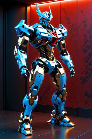 Mecha with sword,gun and with color red gold blue,blue ligth motif cyberpunk model,Futuristic room,Leonardo Style, ,c1bo,make_3d