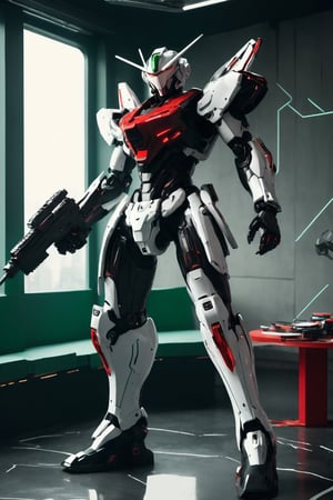 Mecha with sword,gun and with color red black white green motif cyberpunk model,Futuristic room
