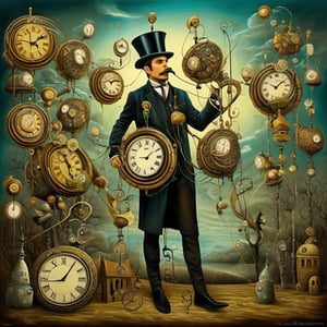 Neo-surrealism, whimsical art, fantasy, magical realism, bizarre art, pop-surrealism, inspired by Remedios Val. Depicts multiple twisted clocks and a bound man. There is money flowing out of the man's tied body