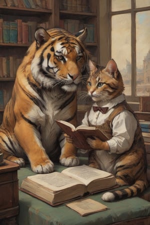 Bright Degas style painting, mixed dynamic art style, of a tiger acting like a father, teaching his daughter (a calico cat), reading a book together in the library,oil paint 