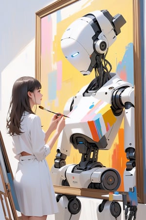 masterpiece, best quality,A painter robot paints a girl in an art gallery,more detail XL