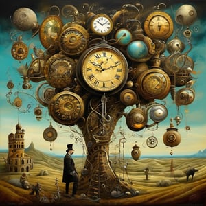 Neo-surrealism, whimsical art, fantasy, magical realism, bizarre art, pop-surrealism, inspired by Remedios Val. Depicts multiple twisted clocks and a bound man. full shot.