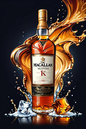 (best quality, 4k, 8k, highres, masterpiece:1.2), ultra-detailed,T-shirt design,illustration, Macallan bottle with water splashes and melted ice cubes