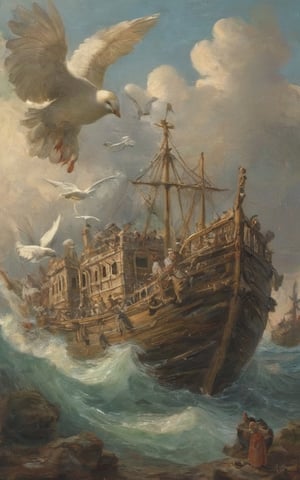 Rococo style, biblical story. Noah's Ark in the sea, a big white dove spreads its wings and flies towards the ship from a distance with an olive branch in its mouth. Oil painting, Renaissance, realism, classical painting.
Nature, Leonardo, Oil Painting, Renaissance, Realism, Classical Painting, BugCraft