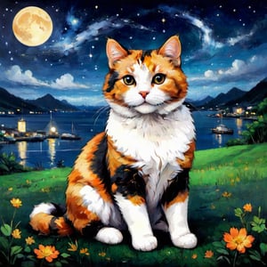 ((Little Ghost:1.5)Oil painting, heavy texture, the background is Taiwan's harbor at night, the sky is full of stars, the Milky Way and the obvious Leo constellation can be seen in the sky. The Leo constellation is composed of line segments. A calico cat. Sitting on the grass, short and quick strokes, wavy or spiral strokes, arc strokes, rough and intense strokes, super thick paint, to enhance calico cat's oil painting feel, the color is dull, calico cat accounts for The picture is in a small position. Complex background. Masterpiece