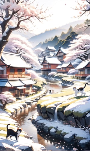 A tree full of white tung blossoms and green leaves, with fallen petals covering the ground like snow, a clear stream flowing through the scene, a row of Taiwanese houses by the stream, a large blooming tung tree forest behind the houses, cinematic lighting effects, gentle and bright sunlight, mist, and two kittens resting and playing in the scene, realistic photography style