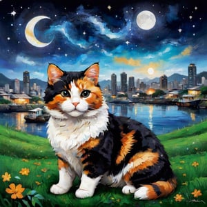 ((Little Ghost:1.5)Oil painting, heavy texture, the background is Taiwan's harbor at night, the sky is full of stars, the Milky Way and the obvious Leo constellation can be seen in the sky. The Leo constellation is composed of line segments. A calico cat. Sitting on the grass, short and quick strokes, wavy or spiral strokes, arc strokes, rough and intense strokes, super thick paint, to enhance calico cat's oil painting feel, the color is dull, calico cat accounts for The picture is in a small position. Complex background. Masterpiece