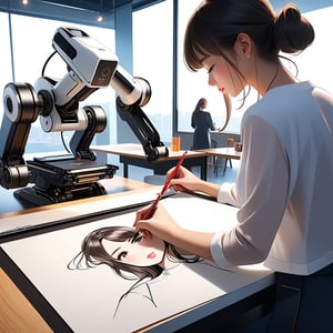 masterpiece, best quality,A drawing robot and a girl are drawing each other. more detail XL
