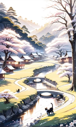 A tree full of white tung blossoms and green leaves, with fallen petals covering the ground like snow, a clear stream flowing through the scene, a row of Taiwanese houses by the stream, a large blooming tung tree forest behind the houses, cinematic lighting effects, gentle and bright sunlight, mist, and two kittens resting and playing in the scene, realistic photography style