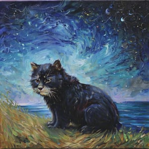 ((Little Ghost:1.5)Oil painting, heavy texture, the background is Taiwan's harbor at night, the sky is full of stars, the Milky Way and the obvious Leo constellation can be seen in the sky. The Leo constellation is composed of line segments. A Taiwanese black bear. Sitting on the grass, short and quick strokes, wavy or spiral strokes, arc strokes, rough and intense strokes, super thick paint, to enhance calico cat's oil painting feel, the color is dull, calico cat accounts for The picture is in a small position. Complex background. Masterpiece