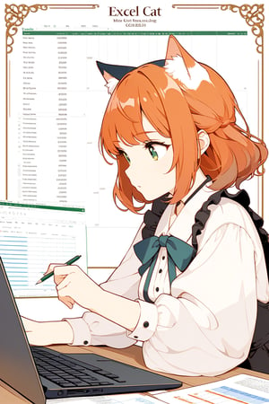ultra detailed, masterpiece, best quality, 8k, high resolutionl, MUCHA, A calico cat is teaching how to use excel, frame, 