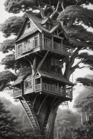 A black and white drawing, thin black lines, the image of a beautiful tree house
