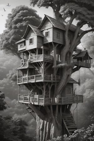 A black and white drawing, thin black lines, the image of a beautiful tree house