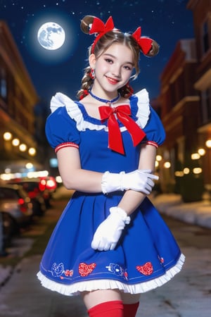 masterpiece, best quality, highres, maisie girl, 15 year old, double bun, twintails, parted bangs, circlet, jewelry, earrings, choker, red bow, white gloves, elbow gloves, blue skirt, standing, cowboy shot, night, outdoors, moon, smile, city